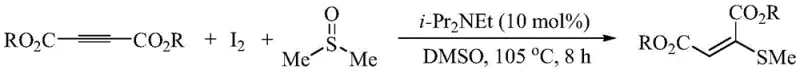 General reaction scheme for synthesizing 2-methylthio maleic diester from butynedioic acid diester, iodine, and DMSO