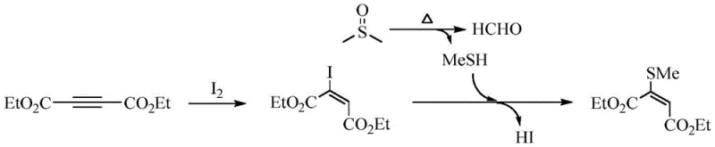Reaction mechanism showing iodine addition and DMSO decomposition to form methyl mercaptan