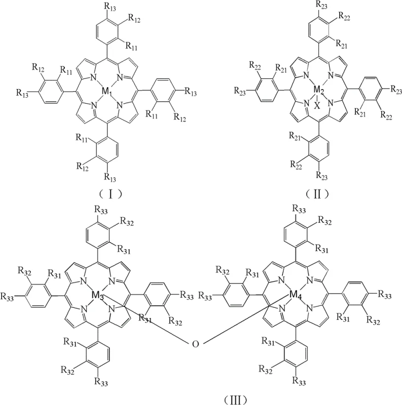 Chemical structures of mononuclear and binuclear metalloporphyrin catalysts used in the oxidation process