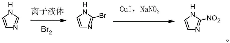 Reaction scheme showing the conversion of imidazole to 2-bromoimidazole and finally to 2-nitroimidazole