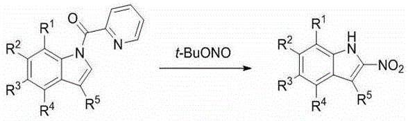 Reaction scheme showing conversion of pyridine formyl indole to 2-nitroindole derivative using t-BuONO and Cu catalyst