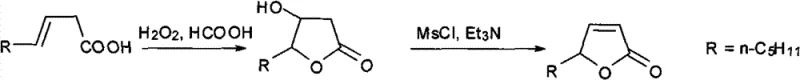 Reaction scheme showing the two-step synthesis of 2-nonene-gamma-lactone from 2-nonenoic acid via oxidation and elimination