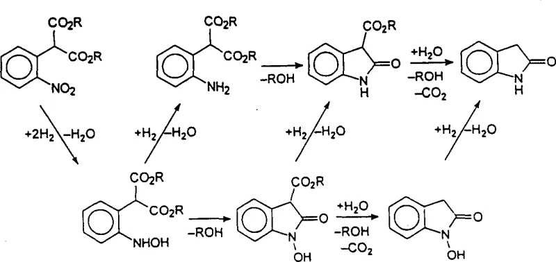 Overall reaction scheme showing catalytic hydrogenation and in situ cyclization of 2-nitroaryl malonate to 2-oxindole