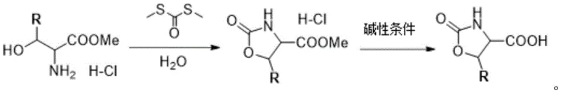 General reaction scheme showing the two-step aqueous synthesis from serine ester to oxazolidinone carboxylic acid