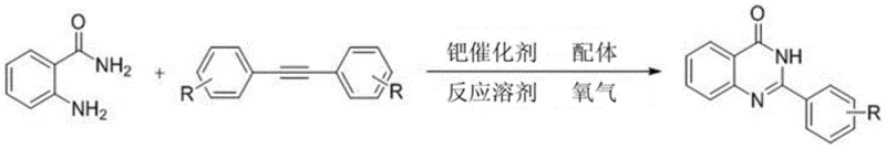 General reaction scheme for synthesizing 2-phenyl quinazolinone from 2-aminobenzamide and tolane