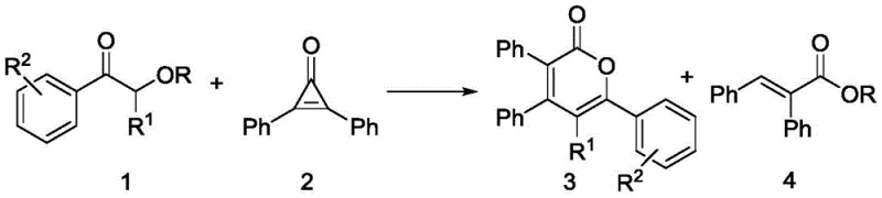 General reaction scheme showing lignin model compound 1 reacting with cyclopropenone 2 to form 2-pyrone 3 and alpha,beta-unsaturated ester 4