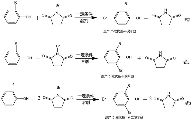 Detailed reaction equations showing main product formation versus ortho-bromo and dibromo side reactions