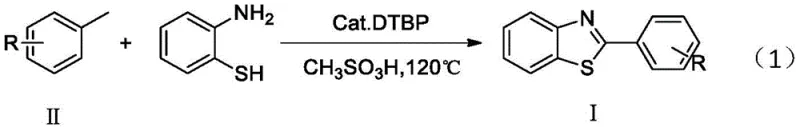 General reaction scheme showing toluene derivatives reacting with o-aminothiophenol to form 2-substituted benzothiazoles via Cu/DTBP catalysis