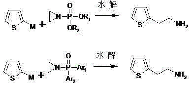 General reaction scheme showing addition of activated thiophene to N-phosphate aziridine followed by hydrolysis