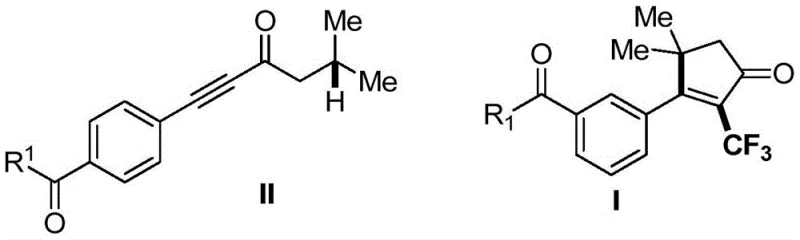 General reaction scheme showing the conversion of alkynone Formula II to 2-trifluoromethyl cyclopentenone Formula I using Togni reagent and CuCN