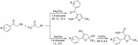 General reaction scheme for the synthesis of 2-trifluoromethyl substituted furan compounds via tandem reaction