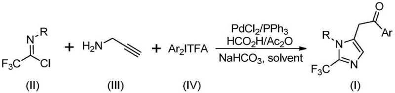 Specific example reaction scheme for the synthesis of compound I-1 demonstrating the practical application of the method