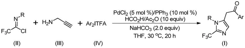 General reaction scheme showing the synthesis of 2-trifluoromethyl imidazoles from trifluoroethylimidoyl chloride, propargylamine, and diaryl iodonium salt
