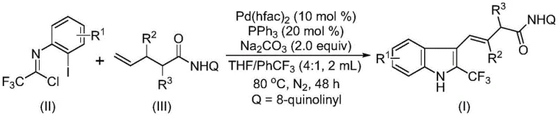 General reaction scheme showing Pd-catalyzed synthesis of 2-trifluoromethyl indoles from imidoyl chloride and alkene