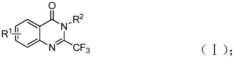General molecular structure of 2-trifluoromethyl-substituted quinazolinone derivatives showing variable R¹ substituents on aromatic ring and R² groups on nitrogen atom