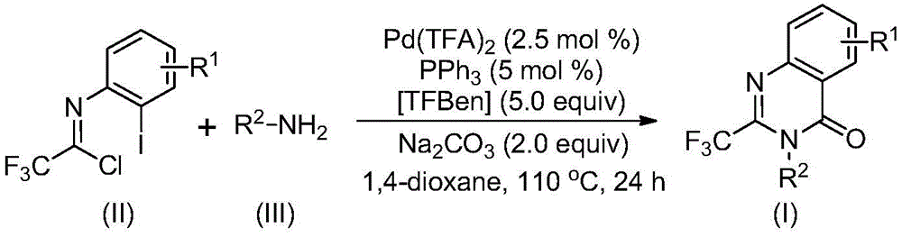 Palladium-catalyzed reaction scheme showing conversion of trifluoroethylimidoyl chloride (II) and amine (III) to 2-trifluoromethyl quinazolinone (I) using Pd(TFA)₂/PPH₃ catalyst system with TFBen as CO surrogate in dioxane at 110°C