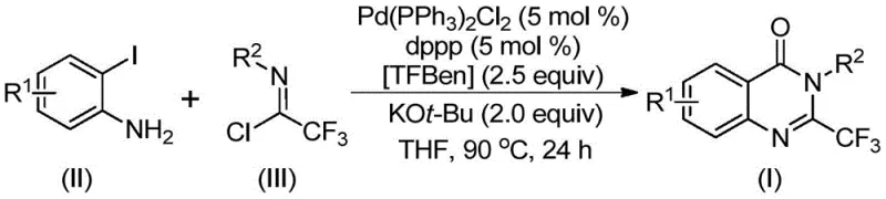 General reaction scheme showing Pd-catalyzed synthesis of quinazolinone derivatives using TFBen