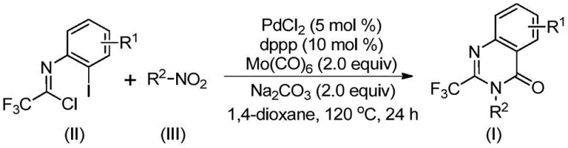 General reaction scheme showing the palladium-catalyzed coupling of trifluoroethylimidoyl chloride and nitro compounds to form 2-trifluoromethyl quinazolinones