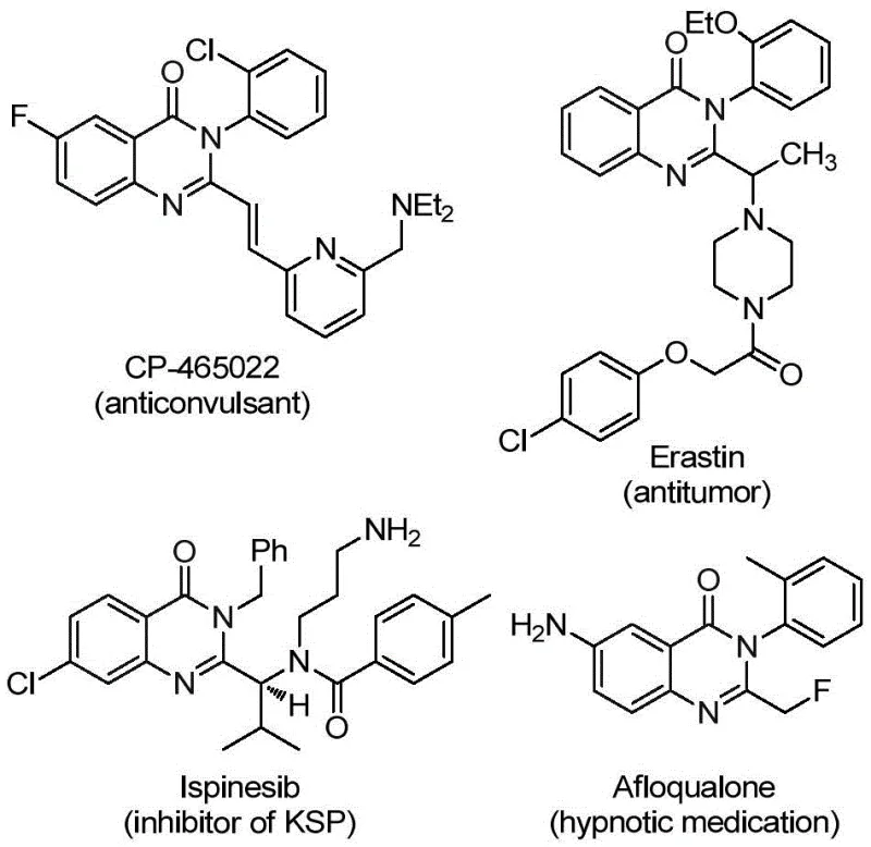 Chemical structures of bioactive quinazolinone derivatives including anticonvulsant and antitumor agents