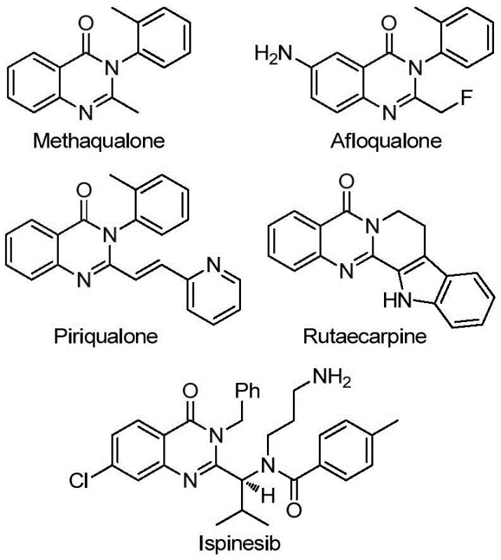 Chemical structures of bioactive quinazolinone derivatives including Methaqualone, Afloqualone, and Rutaecarpine