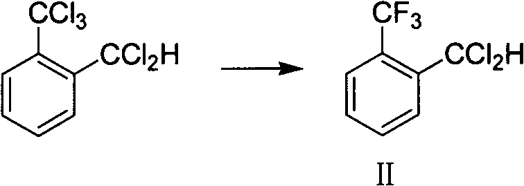 Selective fluorination of o-trichloromethyl benzal chloride to intermediate Formula II
