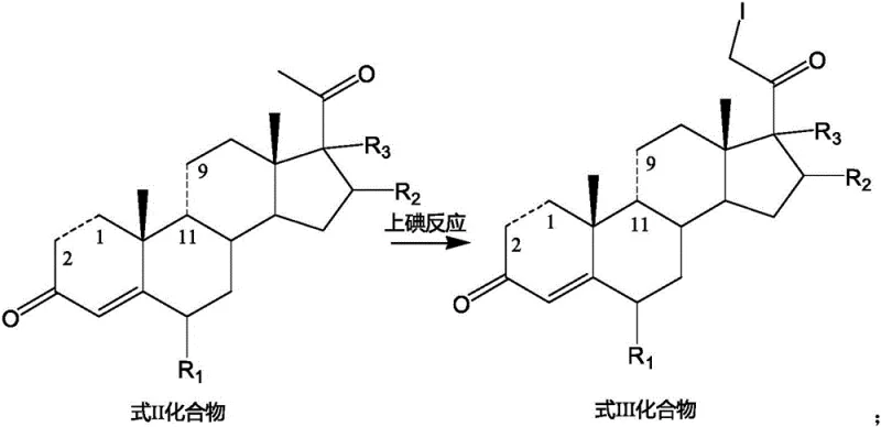 General reaction scheme showing metal oxide catalyzed conversion of Formula II to 21-iodo Formula III