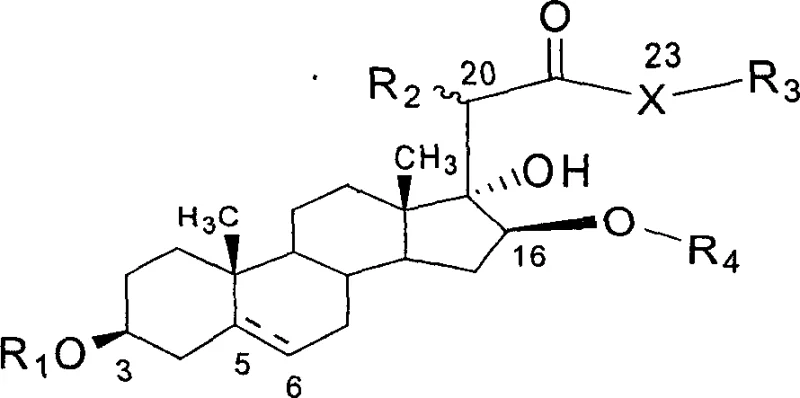 General structural formula of 23-heteroatom substituted OSW-1 analogues showing variable positions X, R1, R2, R3, and R4