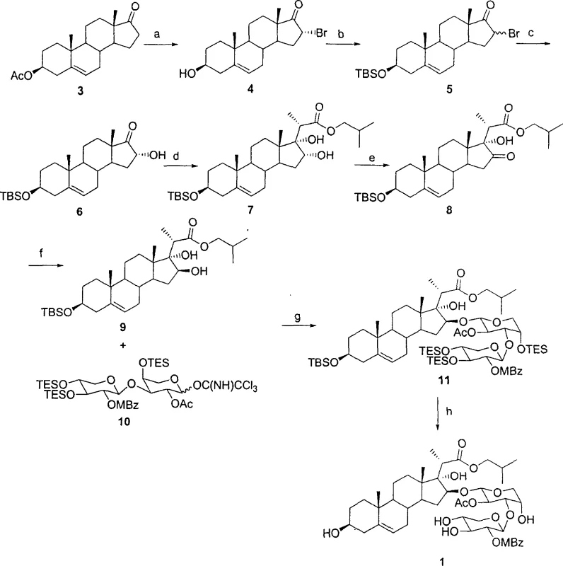 Synthetic route for 23-oxa-OSW-1 showing key steps including bromination, aldol reaction, oxidation, and glycosylation