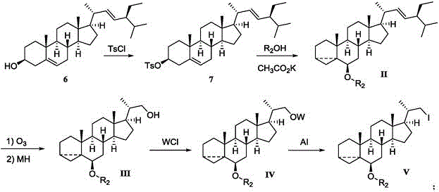 Complex multi-step synthetic route from stigmasterol to iodide V showing ozonolysis and activation steps