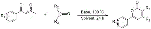 General reaction scheme showing base-catalyzed synthesis of 2H-pyran-2-one derivatives from sulfur ylides and cyclopropenones