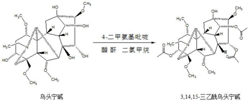 Chemical reaction scheme showing the conversion of Aconitine to 3,14,15-Triacetyl aconitine using Acetic Anhydride and DMAP catalyst in Dichloromethane