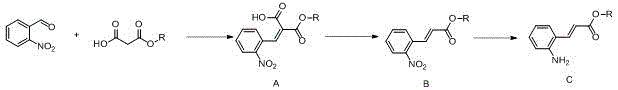 Overall three-step synthetic route for 3-(2-aminophenyl)-2-acrylate showing Knoevenagel condensation, decarboxylation, and reduction