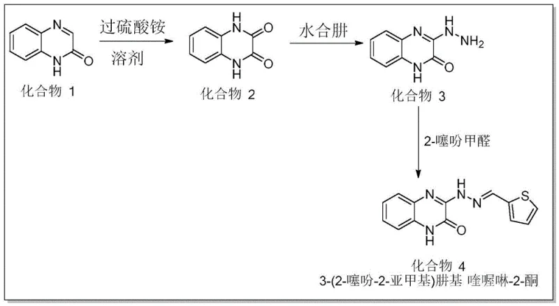 Three-step synthetic route for 3-(2-thiophene-2-methylene)hydrazinoquinoxaline-2-one involving oxidation, hydrazinolysis, and condensation