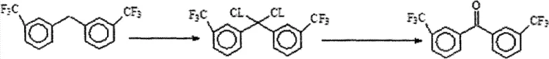 Reaction scheme showing the conversion of 3,3'-bis(trifluoromethyl) diphenylmethane to 3,3'-bis(trifluoromethyl) benzophenone via photo-chlorination and hydrolysis