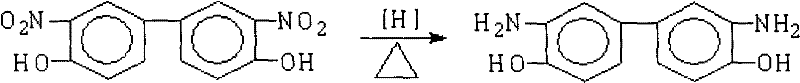 Chemical reaction scheme showing the reduction of 3,3'-dinitro-4,4'-dihydroxybiphenyl to 3,3'-diamino-4,4'-dihydroxybiphenyl using hydrazine and Pd/C catalyst