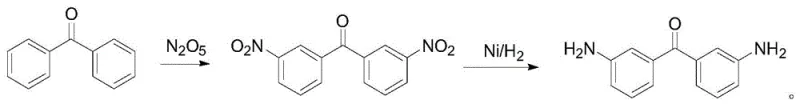 Reaction scheme showing the one-pot conversion of benzophenone to 3,3'-diaminobenzophenone via N2O5 nitration and Ni/H2 reduction