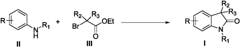 General reaction scheme showing aniline and bromoacetate reacting to form 3,3'-disubstituted-2-indolone