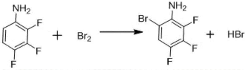Chemical reaction equation showing the bromination of 2,3,4-trifluoroaniline to form the brominated intermediate