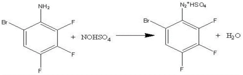 Diazotization reaction mechanism using nitrosyl sulfuric acid to form the diazonium salt