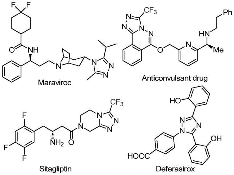 Chemical structures of drugs containing 1,2,4-triazole motifs including Maraviroc, Sitagliptin, and Deferasirox