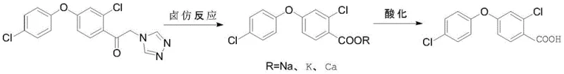 Haloform reaction converting triazole-ethanone to benzoic acid derivative