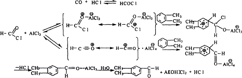Reaction mechanism showing the formation of formyl chloride intermediate and electrophilic aromatic substitution on o-xylene catalyzed by Lewis acids