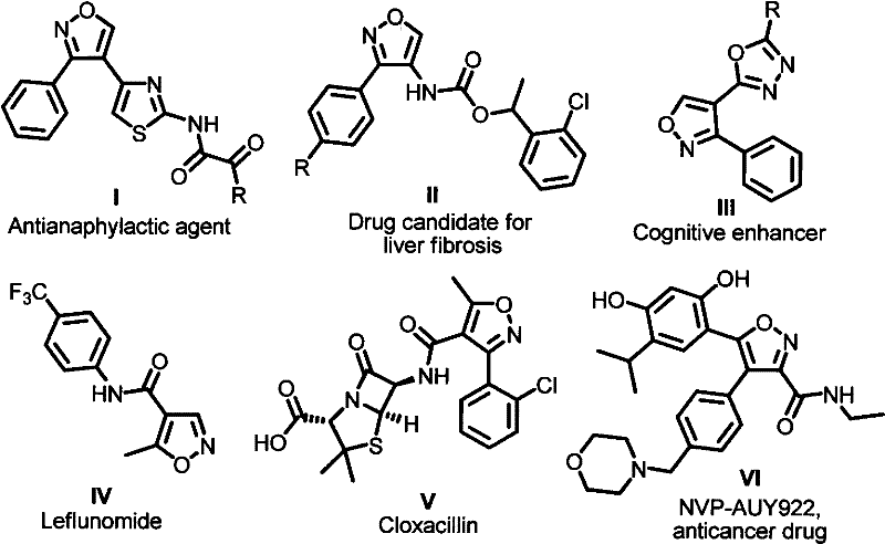 Examples of bioactive molecules containing the 3,4-disubstituted isoxazole skeleton such as Leflunomide and Cloxacillin