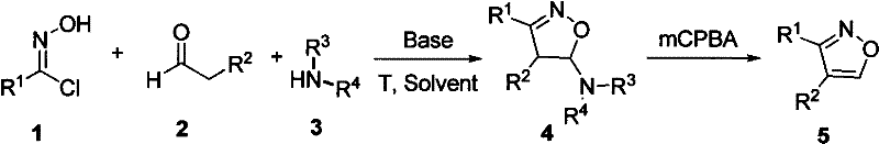 General reaction scheme showing the formation of 4,5-dihydroisoxazole followed by oxidation to 3,4-disubstituted isoxazole