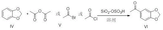 Reaction scheme showing the Friedel-Crafts acylation of 1,2-methylenedioxybenzene to 3,4-methylenedioxyacetophenone using SiO2-OSO3H catalyst