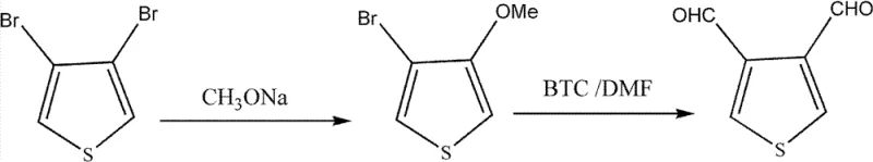 Reaction scheme showing the two-step synthesis of 3,4-thiophenedicarboxaldehyde from 3,4-dibromothiophene via methoxylation and Vilsmeier formylation