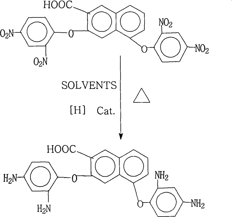 Chemical reaction scheme showing the reduction of 3,5-bis(2,4-dinitrophenoxy)-2-naphthoic acid to 3,5-bis(2,4-diaminophenoxy)-2-naphthoic acid using Pd/C catalyst and hydrazine hydrate