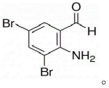 Chemical structure of 3,5-dibromo-o-aminobenzaldehyde showing the benzene ring substituted with two bromine atoms, an amino group, and an aldehyde group