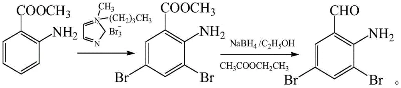 Reaction scheme of Zhang Weidong method involving methyl 2-aminobenzoate and tribromo-reagents