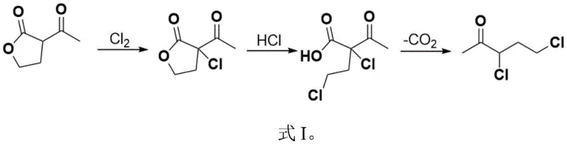 Overall synthetic route for 3,5-dichloro-2-pentanone showing chlorination, ring-opening, and decarboxylation steps